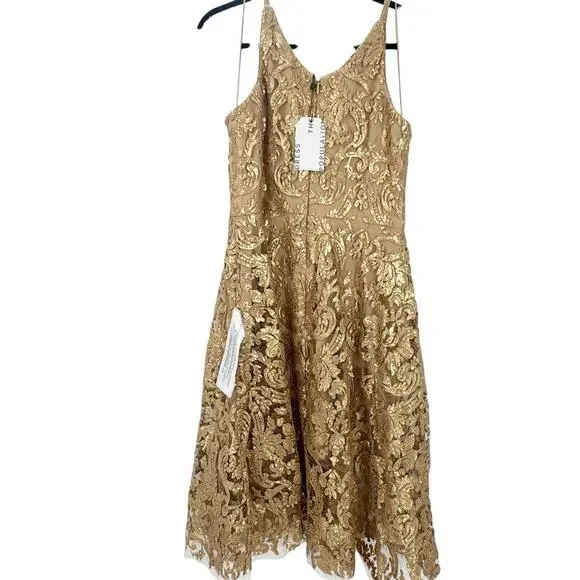 Dress the Population Sequin Lace Blair Dress Floral Gold Nude Size L NWT